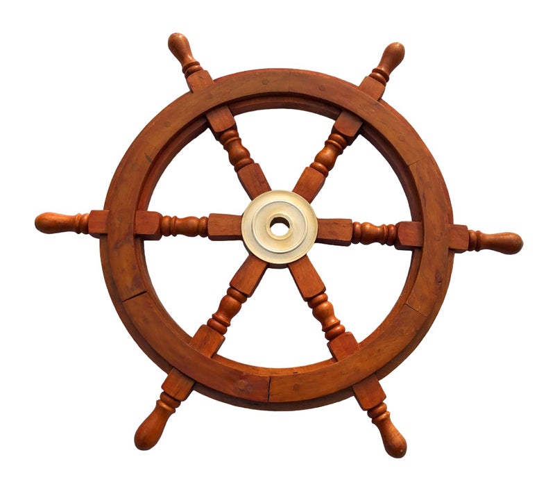 NauticalMart 24" Wood and Brass Nautical Ship Wheel Marine Decor Hand Crafted Boat Ship Steering Wheel Fish Wall Hanging Wheel for Home, Outdoor & Ocean - Image 1